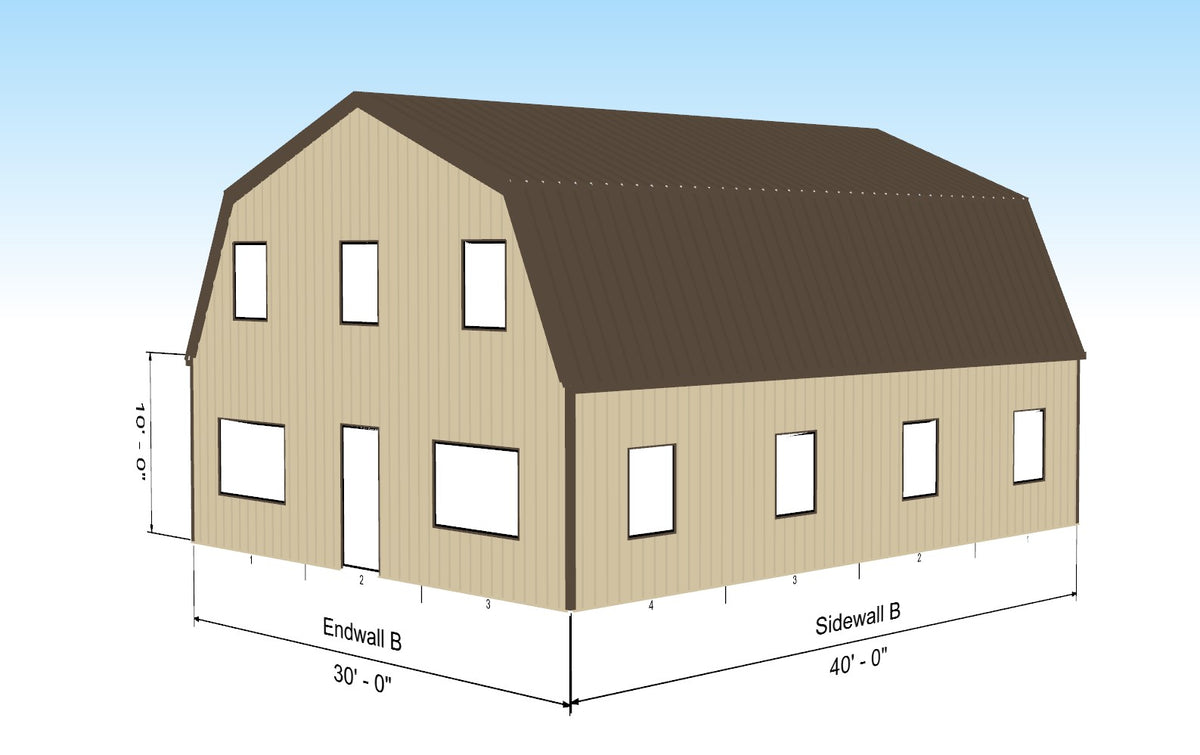30 wide x 40 long x 10 high sidewall GAMBREL style two story home kit